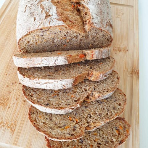 Sliced Carrot Loaf with seeds and whole grain flours made with a bread mix by BREADISTA