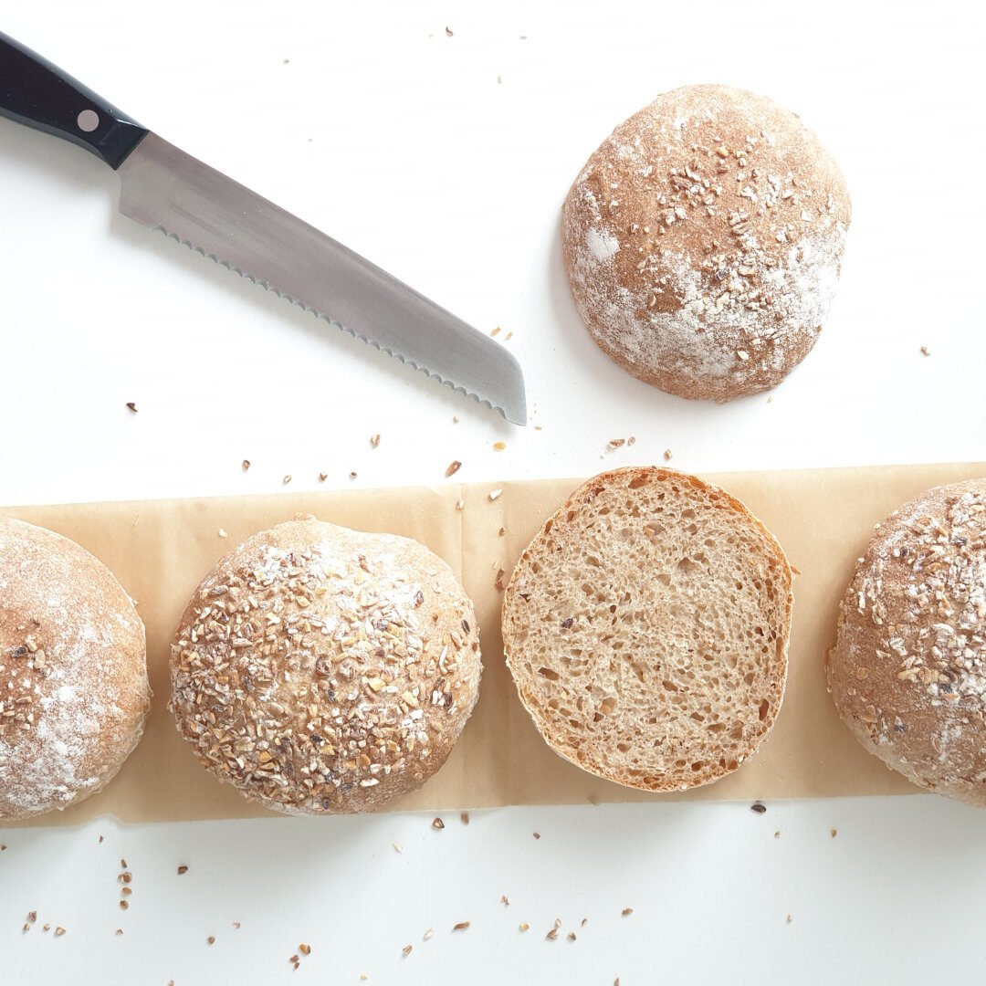 Blog Header - German half-white bread rolls, one cut open showing crumb - BREADISTA