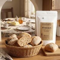 bread basket with darker German bread rolls on wooden counter, next to white bag BREADISTA bread mix Almweck, background set breakfast table, traditional Grandma-style