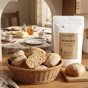 bread basket with darker German bread rolls on wooden counter, next to white bag BREADISTA bread mix Almweck, background set breakfast table, traditional Grandma-style