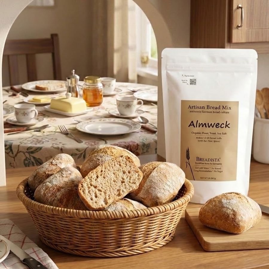 bread basket with darker German bread rolls on wooden counter, next to white bag BREADISTA bread mix Almweck, background set breakfast table, traditional Grandma-style