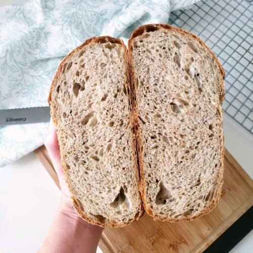 BREADISTA's Almweck Loaf - Crumb Shot, halves in hand, closeup