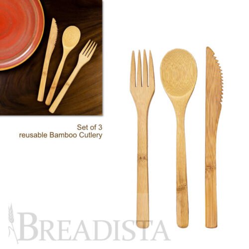 Set of 3 - bamboo cutlery set with knife, spoon, fork