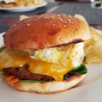 Shaped as Burger bun served as veggie burger with cheese and egg. Made with Artisan Bread Mix - Einback.