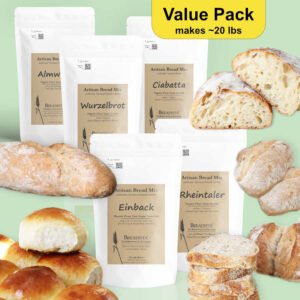 All 5 available Bread Mixes, Value Pack for 20 lbs of baked bread, showing baked goods - BREADISTA