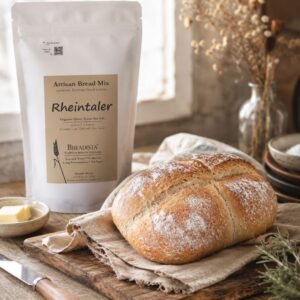 baked loaf on linen and dark wooden cutting board, white bag of BREADISTA bread mix Rheintaler behind. Rustic kitchen setting, close-up