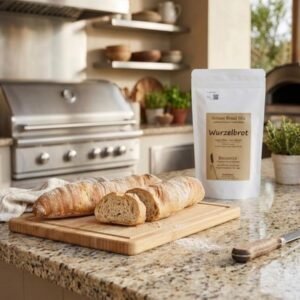 beginner bread mix Wurzelbrot - bag and cut loaf (baguette-style) on cutting board, outdoor kitchen scene, bbq in background - BREADISTA