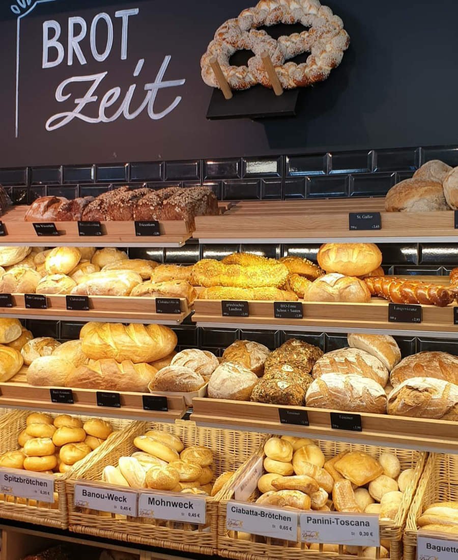Shelves in a German Artisan Bakery showing products of the German bread culture