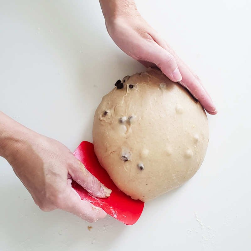 Birdview - two hands shaping dough ball round while one hand holds read dough scraper