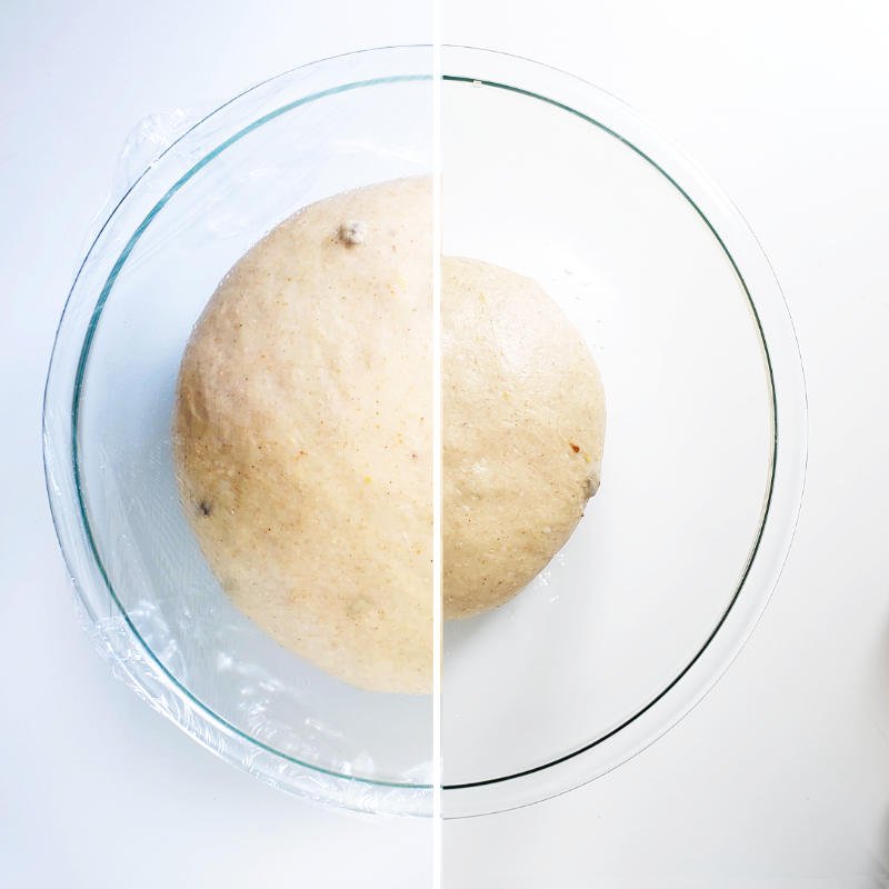Birdview - raw dough ball in glass bowl with half-half picture for before-afer proofing