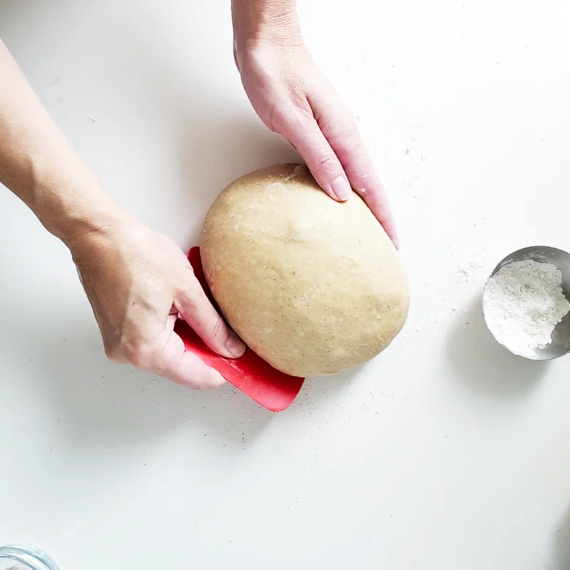 Birdview - two hands shaping dough ball into round with red dough scraper in right hand
