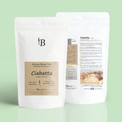 White pouch bag of bread mix for Ciabatta with back view by BREADISTA