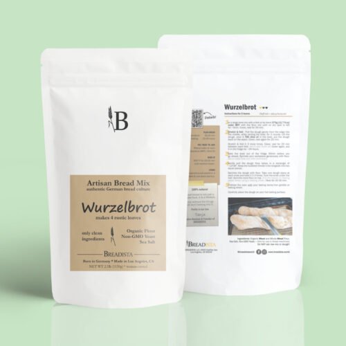 White pouch bag of clean bread mix Wurzelbrot with back view by BREADISTA