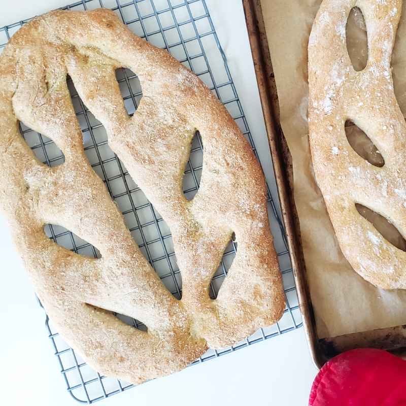 Baked French Fougasse on wire rack - made with BREADISTA's bread mix Ciabatta