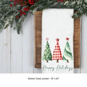 Holiday Towel printed with 3 Christmas trees and text 'Happy Holidays' - white waffle piquet towel