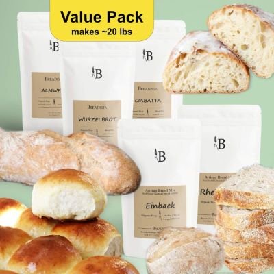 collage - 5 white bread mix bags with baked loaves and rolls - shows Value Pack for ca. 20 lbs of bread by BREADISTA