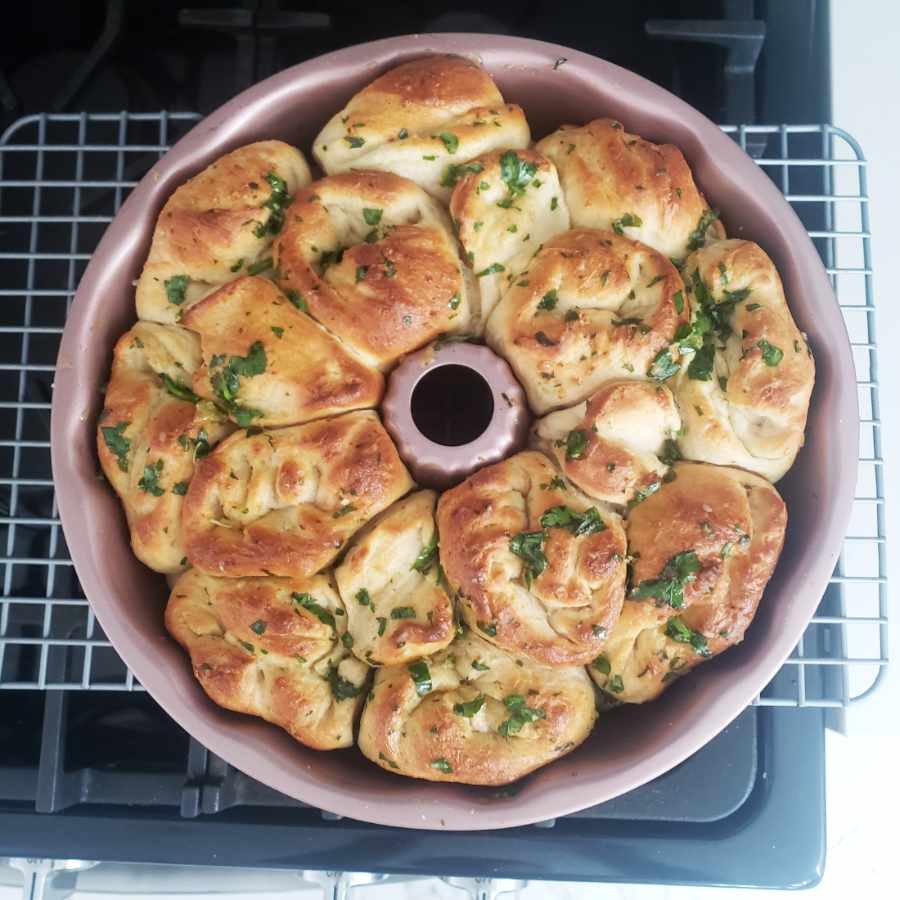 birdview - monkey bread baked with garlic oil in pan on stove by BREADISTA