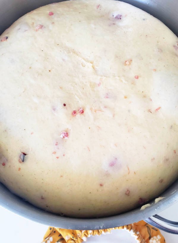 close up - risen yeasted dough ball in metal bowl