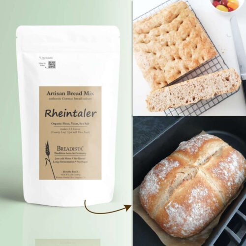 single bread mix pouch 'Rheintaler' with 2 images showing options to bake - authentic loaf and Foccacia - BREADISTA