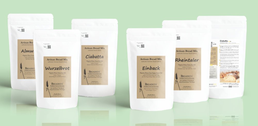 Line Up all 5 bread mixes of BREADISTA - white pouches with kraft paper labels + 1 back view with instruction label