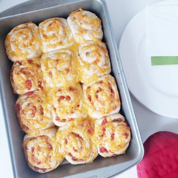 baked homemade pizza rolls - 12 pieces in baking pan - BREADISTA