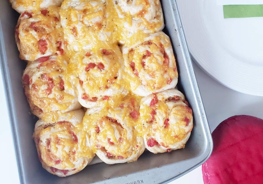 best baked homemade pizza rolls or pizza wheels in baking pan - BREADISTA