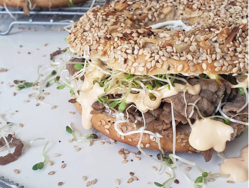 Bagel Sandwich w shaved beef - closeup by BREADISTA made with a bagel bread mix