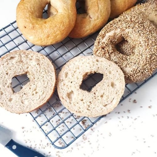 Bagels on wire rack - crumb shot - made with Bagel bread mix