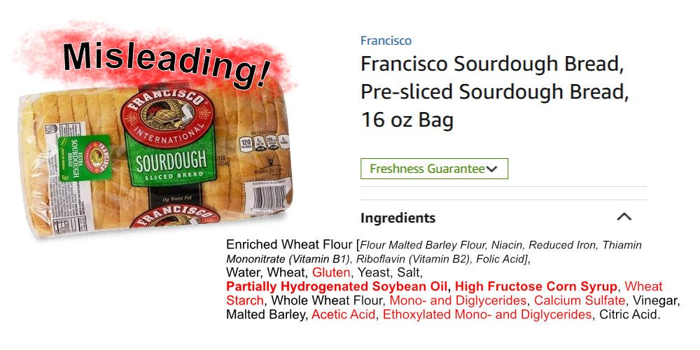 Graphics - Bad Example of commerical packaged 'Sourdough Bread' = misleading; no sourdough/starter culture is actually used; ingredientslist shows many unneccessary additives/preservatives