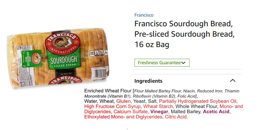 Truth about Sourdough Bread - collage: commercial sliced bread package claiming 'sourdough' on the front. Ingredientslist shows no starter, but acids