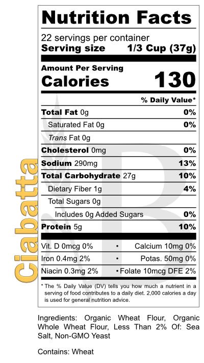 Nutrition Label - BREADISTA's Ciabatta bread mix