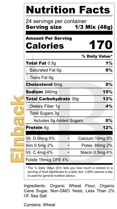 Nutrition Label - BREADISTA's Einback bread mix