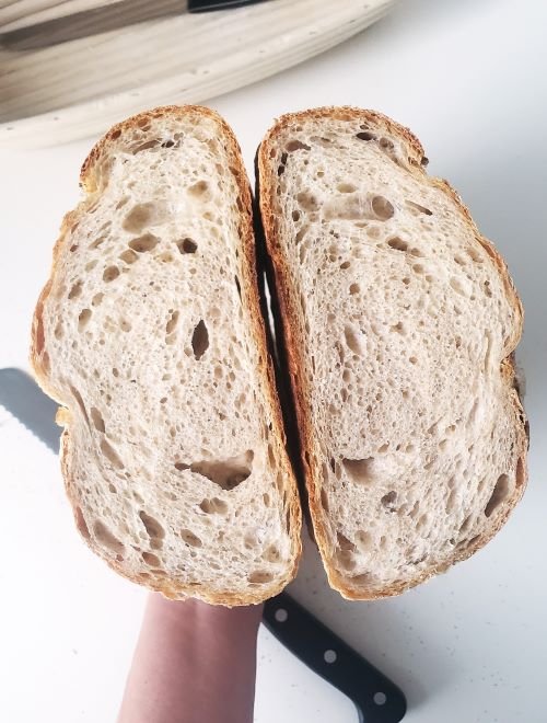 Hybrid Sourdough Loaf - Crumbshot -2 halves of a loaf hold in 1 Hand - BREADISTA made with Wurzelbrot bread mix and organic Sourdough 'Frieda'