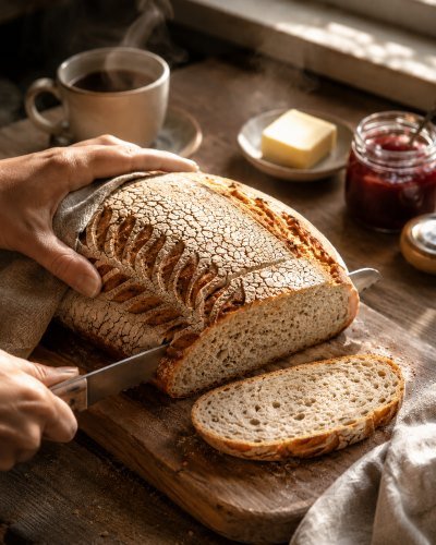 Loaf gets sliced - coffee, jam, butter, morning scene at the window - BREADISTA