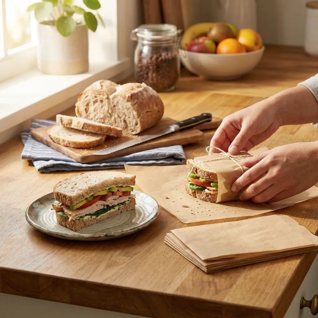 Sandwich get wrapped on wooden counter by window, half loaf of Rheintaler next to it - BREADISTA