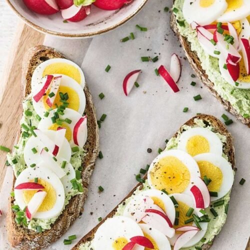 open faced dark artisan bread slices with avocado mash, egg slices, red radishes and chive - NL