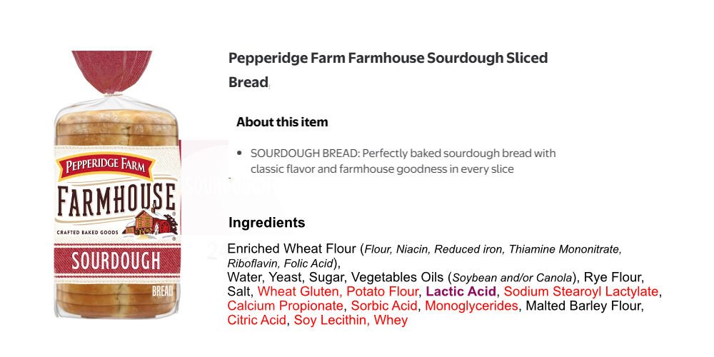 Truth about Sourdough Bread - Graphic: commercial sliced bread package claiming sourdough. Ingredient list shows acids and additives
