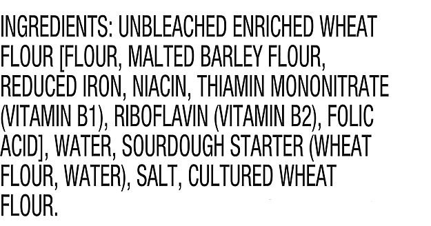 Ingredient list of packaged sourdough loaf - back label - fake vs real
