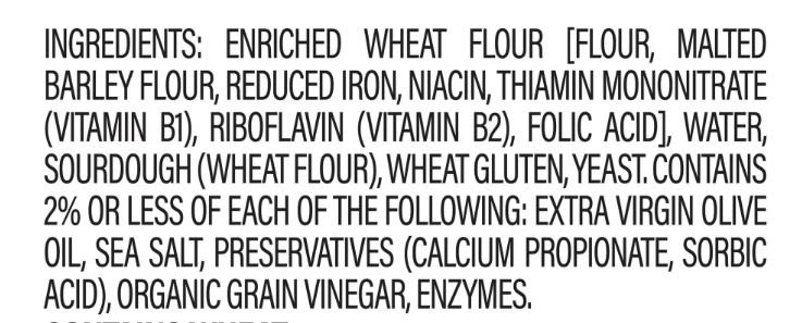 Ingredient list of packaged sourdough loaf - back label - fake vs real