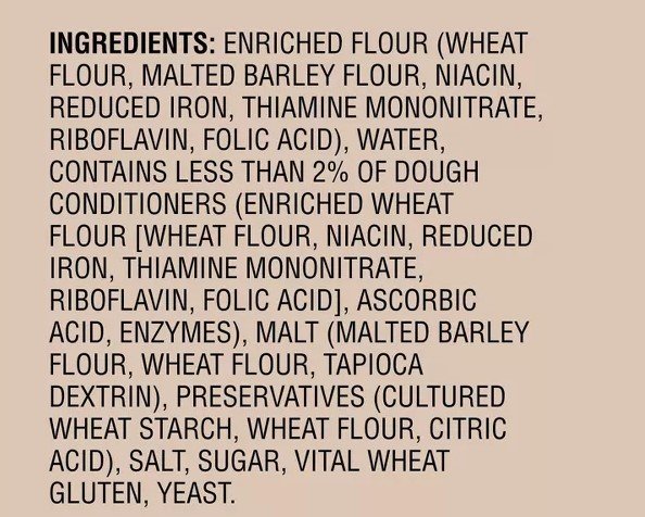 ingredient list of a sliced packaged 'sourdough bread' - US market